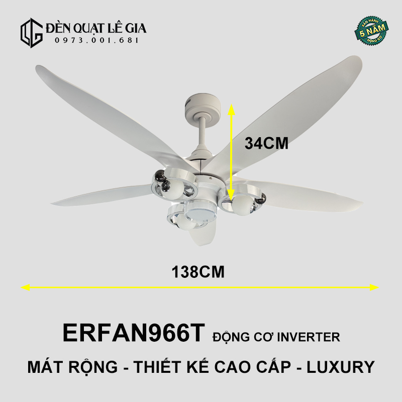 Quạt Trần Phòng Khách Năm Cánh Cao Cấp ERFAN966T top