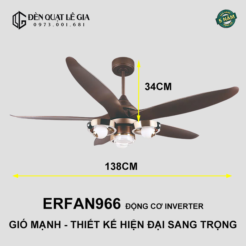 Quạt Trần Phòng Khách Năm Cánh Cao Cấp ERFAN966 top